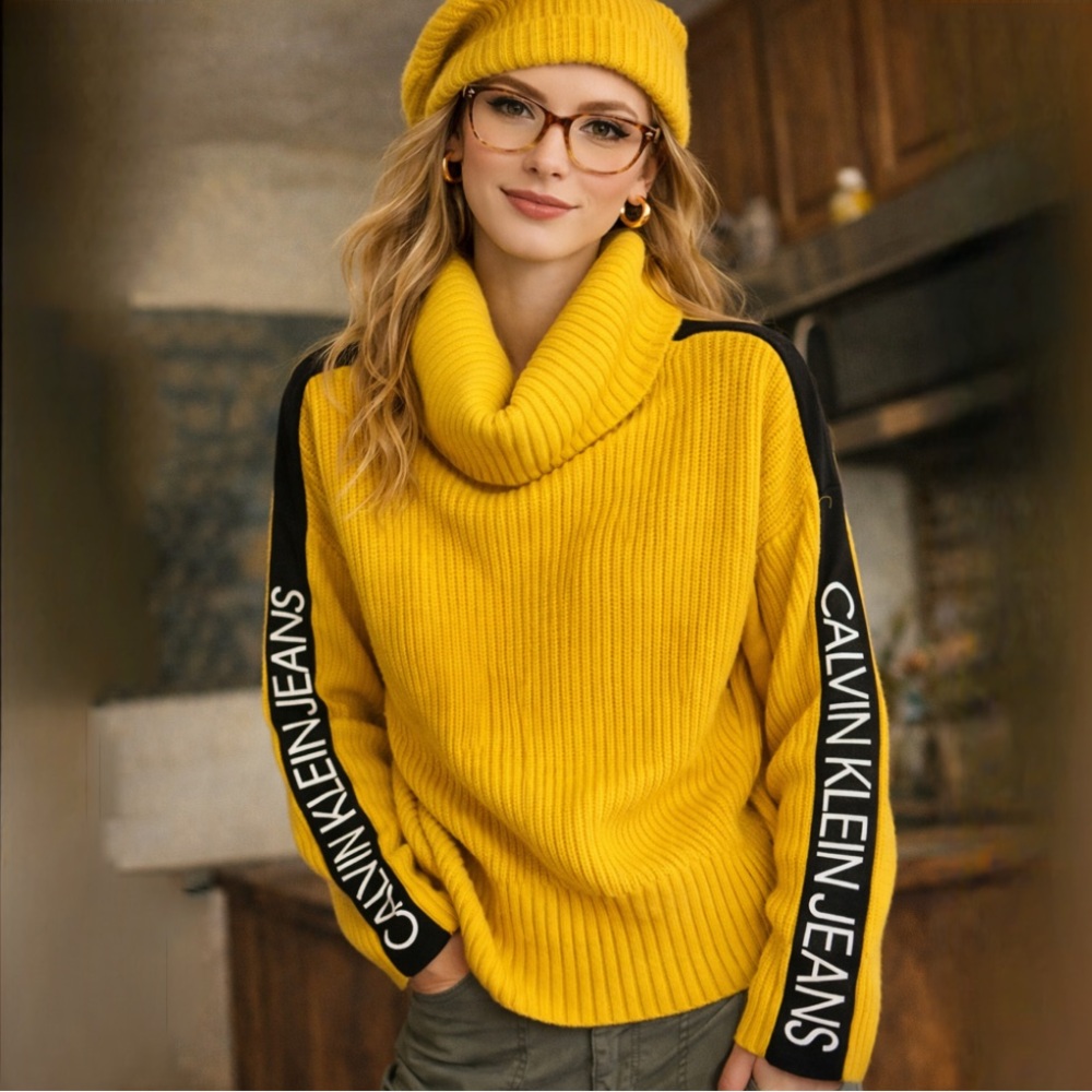 Calvin Klein Jeans Mustard Marigold Cowl Neck Knit Drop Shoulder Sweater Medium